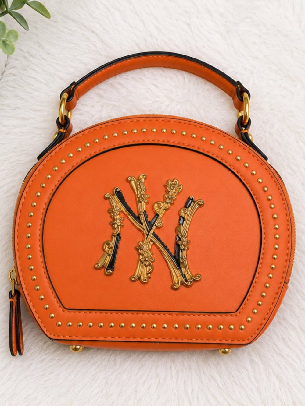 NY Yankees Inspired Beige Round Crossbody Bag Studded Purse Gold Hardware
